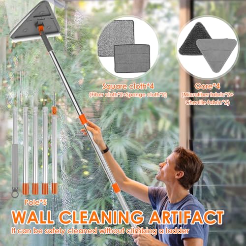 Baseboard Cleaner Tool with Handle,Folding Wall Mop with 79" Extension Pole, Swivel Wall Cleaner Mop with Squeegee, 8 Reusable Pads for Baseboard, Wall, Ceiling, Window, Floor, Furniture