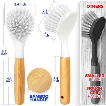 Holikme 3 Pack Dish Brush Set with Bamboo Handle, Kitchen Cleaner for Cleaning Pasta Plate, Salad Bowl, Scrubber with Soft Bristles, White - color: White