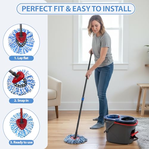 Spin Mop Replacement Head for RinseClean 2-Tank System, Includes 3 Microfiber Cedar Mop Refills & 1 Replacement Base, Washable Mop Heads, for Hardwood Tile Laminate Floor Cleaning