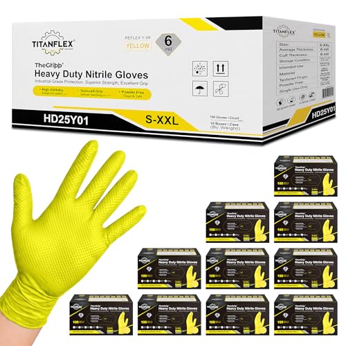 TitanFlex Heavy Duty Industrial Nitrile Gloves with Raised Diamond Texture, 6-mil, Latex Free (Dark Green/Yellow) - color: 06 Yellow (1000ct), size: X-Large