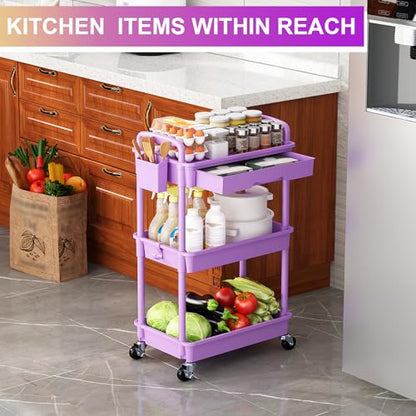 Goovilla 3 Tier Rolling Utility Cart Organizer with Removable Drawer, Stable and Sturdy Purple Rolling Storage Carts with 2 Lockable Wheels for Bathroom, Kitchen, Snack, Craft, Makeup, Baby Essentials - size: 3 Tier, style: Purple