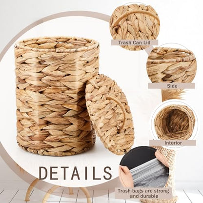 Ctosree 1.3 Gallons Small Trash Can with Lid Handle Boho Woven Braided Bathroom Waste Basket Trash Can with 100 Garbage Bags for Bedroom Office Laundry (Natural, Braided Wicker, Round) - color: Natural, style: Round
