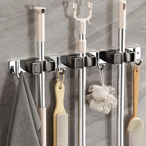 Wall-Mounted Broom Holder Stainless Steel Mop Storage Rack Laundry Room Storage Solution Suitable for Kitchens, Gardens,Garages (Option B: 3 clips with 4 hooks) - color: Option B: 3 clips with 4 hooks
