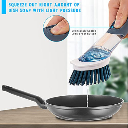 Dish Cleaning Brush, Soap Dispensing Dish Brush Set with 4 Replacement Heads and Storage Holder, Kitchen Scrub Brush for Dish Pot Pan Sink Cleaning (Blue) - color: Blue