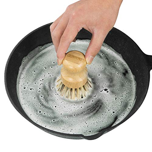 GREENTH PRO Palm Pot Dish Brush- Nature Bamboo 2 Packs Mini Durable Scrub for Kitchen Cleaning with Ceramics Holder