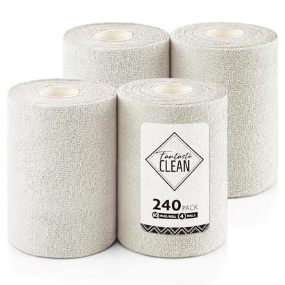 Fantasticlean Microfiber Cleaning Cloth Roll 4 Rolls 240 Pack, Tear Away Paperless Towels, 8" x 8", Reusable Washable Rags, House Kitchen, Pet, Office, Indoor Outdoor, Compact and Portable (Off-White) - color: 4 Off-white