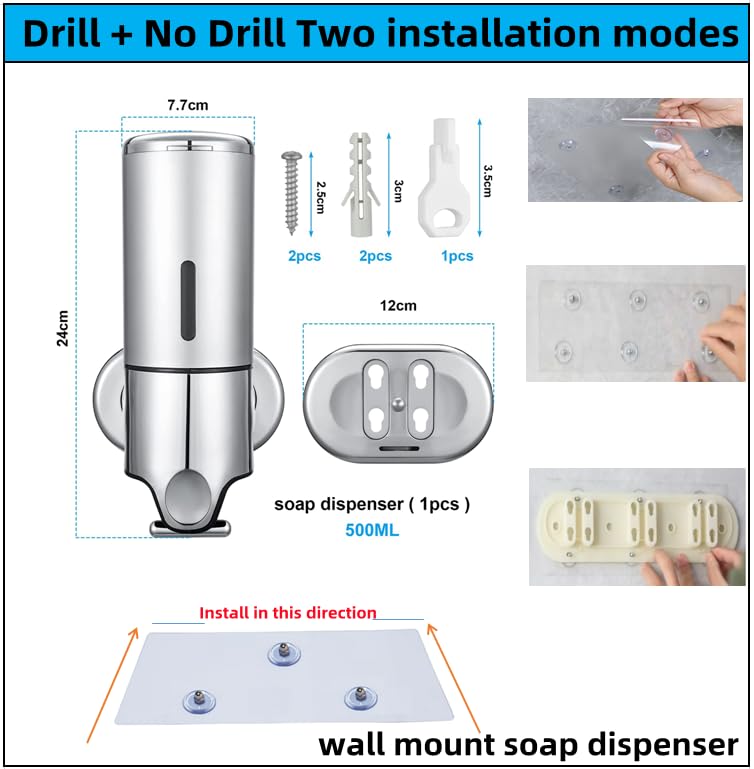 No Drill Wall Mounted Soap Dispenser Shower Liquid Shampoo Soap Dispenser for Bathroom, Kitchen, Marketplace, Hotel 500ml -Transparent