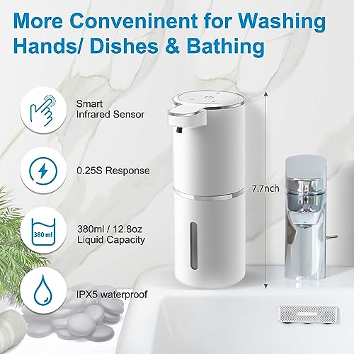 Automatic Liquid Soap Dispenser,4-Level Adjustable, Wall Mount,USB Rechargeable,12.8oz/ 380ml,Touchless Hand & Dish Soap Dispenser for Bathroom, Kitchen,Hotel, Restaurant - color: White, style: Liquid