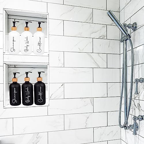 Glass Shampoo and Conditioner Pump Bottles Soap Dispenser Bamboo Pump Head Empty Glass Refillable Shampoo Conditioner Body Wash Soap Bottles for Bathroom, 17 oz, 3 Pack, White - color: White, size: Shampoo + Conditioner