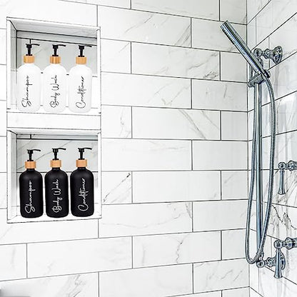 Glass Shampoo and Conditioner Pump Bottles Soap Dispenser Bamboo Pump Head Empty Glass Refillable Shampoo Conditioner Body Wash Soap Bottles for Bathroom, 17 oz, 3 Pack, White - color: White, size: Shampoo + Conditioner