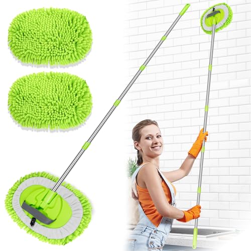 2 in 1 Lightweight Wall Cleaner Mop with Long Handle 75" 190cm Ceiling Duster Lint-Free Chenille Fiber Mop for Kitchen Baseboard Floor Glass Window Roof Cleaning Washer Scrubber Brush Tool Wet Dry Use - color: Green