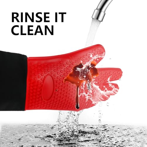 1 Pair Extra Long Professional Oven Mitts, Non-Slip Silicone Grip Heat Resistant,19.7" Length,Up to 572℉ for BBQ Cooking Baking Grilling (Red) - color: Red