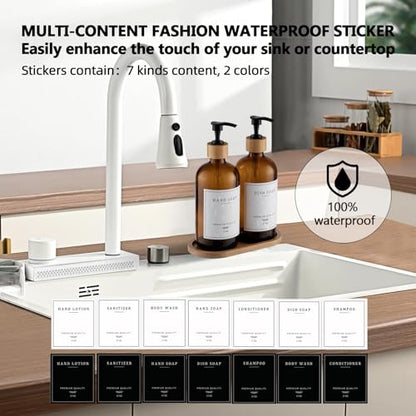 Amber Glass Soap Dispenser - Dish Hand Soap Dispenser for Kitchen Set, Soap Lotion Dispenser Bathroom with Sturdy Pump and Tray, 14 Waterproof Labels,Refillable Dispenser-Amber - color: Amber Bottle + 14 Labels + Funnel + Tray