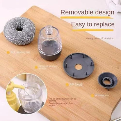 Soap Dispensing Dish Brush Cleaning Steel Wool Scrubber for Dishes Pans Kitchen Sink Bathtub Tile and Household
