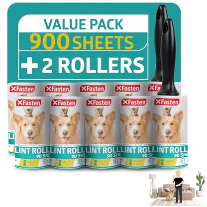 XFasten Lint Rollers for Pet Hair - Extra Sticky (900 Sheets/10 Refills/2 Upgrade Handles) Heavy Duty Portable Lint Remover Brush for Clothes, Dog Cat Furniture - size: 900 Sheets (10 Refills + 2 Handles)
