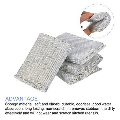 METALLIXITY Non Scratch Scrub Sponge(11 x 8.5 Cm/4.3" x 3.3") 4pcs, Dish Sponge Scouring Pads Kitchen Cleaning Sponge - for Cleaning Pots, Pans, Dish, Silver Tone