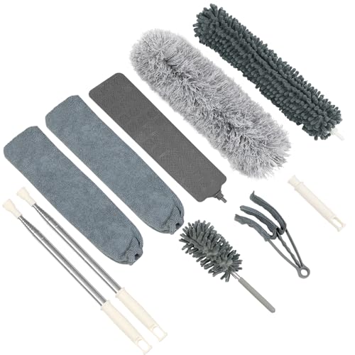 ZZ LAZYCOTTAGE 10 PCS Microfiber Feather Duster Kit, Dusters for Cleaning with Extension Pole, Retractable Bendable, Gap Dust Brush Blind Duster, for Cleaning Ceiling Fan, High Ceilings, Cars - color: Gray
