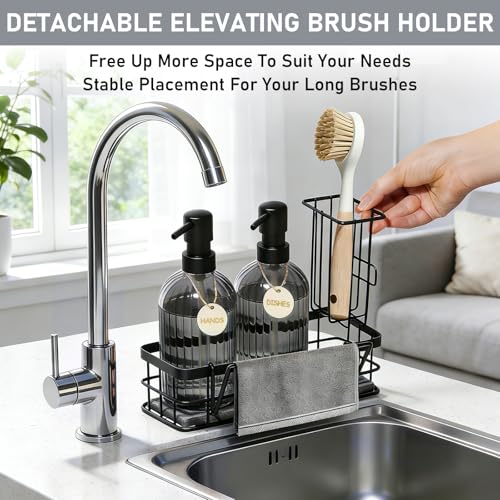 Kitchen Soap Dispenser Set, 14.4 oz/425 ml Hand and Dish Soap Dispenser Set, Dish Soap Dispenser with Sponge Holder & Diatomite Tray, for Countertop Organizer, Black - color: Clear Black
