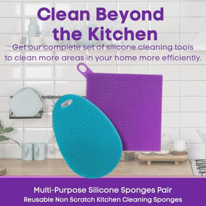 Silicone Dish Sponge Dish Scrubber (Oval and Square) - Dual-Sided, Food Grade Silicone Sponges for Dishes and Housecleaning 2-Pack - color: 2 Pack Teal + Purple