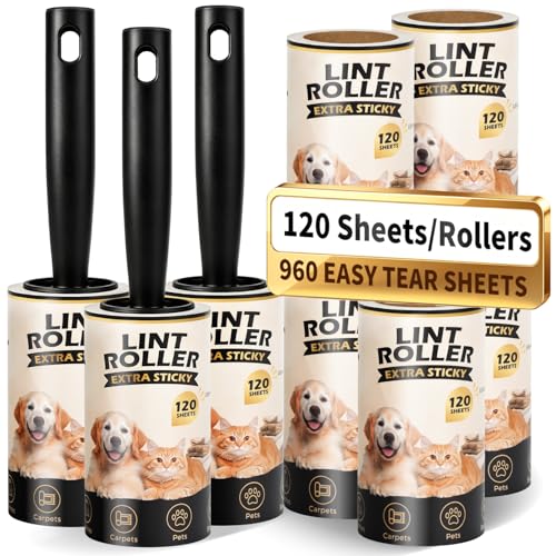 Extra Sticky Lint Rollers for Pet Hair Removal, 3.9 Inch Rolls Size 8 Rollers 960 Sheets (120 Sheets/Roll), Pet Hair Lint Roller for Clothes Furniture Carpets Dog Cat Fur - size: 3 Handles + 5 Refills + 960 Sheets