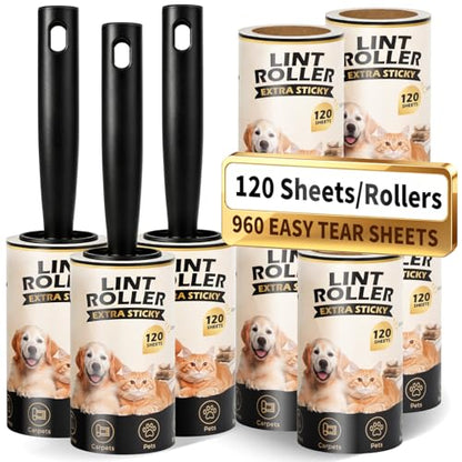 Extra Sticky Lint Rollers for Pet Hair Removal, 3.9 Inch Rolls Size 8 Rollers 960 Sheets (120 Sheets/Roll), Pet Hair Lint Roller for Clothes Furniture Carpets Dog Cat Fur - size: 3 Handles + 5 Refills + 960 Sheets