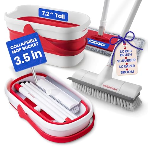 Outdoor Mop and Bucket Set with Scrub Brush for Concrete, Patio, Deck | Collapsible bucket saves space. Heavy duty scrub mop. Adjustable handle. Indoor or outdoor. Hardwood, Tile, Garage, RV