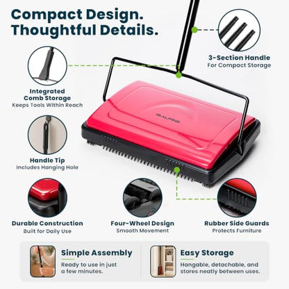 Alpine Manual Carpet Sweeper - Non Electric Triple Brush Push Floor Sweeper for Carpets, Rugs and Vinyl Floors - Red (Improved) - color: Improved Red