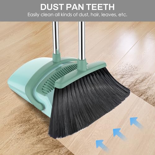 Broom and Dustpan Set for Home, 51-in Long Adjustable Handle Angle Broom and Dustpan Combo Set with Dust Pan Teeth to Clean Hair for Home Kitchen Office Lobby Floor Garden, Green - color: Green Grey