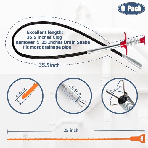 9-Piece Drain Clog Remover Kit - 35.5" Metal Clog Remover, 6x25" Drain Snake Hair Removal Tools, 2x18" Flexible Cleaning Brushes for Bathroom, Kitchen Sink, Shower, Toilet & Tub Drain Cleaning