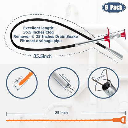 9-Piece Drain Clog Remover Kit - 35.5" Metal Clog Remover, 6x25" Drain Snake Hair Removal Tools, 2x18" Flexible Cleaning Brushes for Bathroom, Kitchen Sink, Shower, Toilet & Tub Drain Cleaning