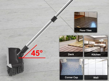 Heavy Duty Floor Scrub Brush with Long Handle, Adjustable Stainless Steel Handle, Stiff Bristles & Rubber Squeegee Scraper, Concrete Floor Scrubber for Cleaning Floor Concrete Deck Hardwood Patio Tile - style: Black+Grey