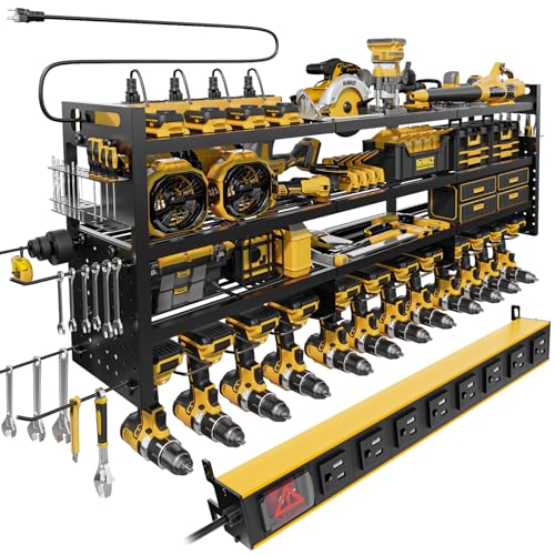 Power Tool Organizer Wall Mount | 8-Outlet TR Charging Station | Garage Storage Rack with Cordless Drill Holder | Heavy Duty Metal Shelf for Workshop Organization - size: 49''Width (POWER STATION)