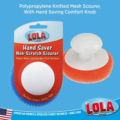 LOLA Plastic Mesh Non-Scratch Scouring Pad, 6 Pack, Hand Saving Comfort Knob, Red, Blue or Yellow It's Random, Clean Pots, Pans, Sinks - size: 6 Pack, style: Standard with knob