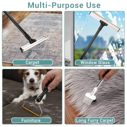 62" Carpet Rake for Pet Hair Removal – Adjustable Carpet Broom Bundle with Carpet Scraper & Hair Picker, Pet Hair Removal Tool for Dog & Cat Hair, Rug Rake Carpet Brush for Furniture & Carpets