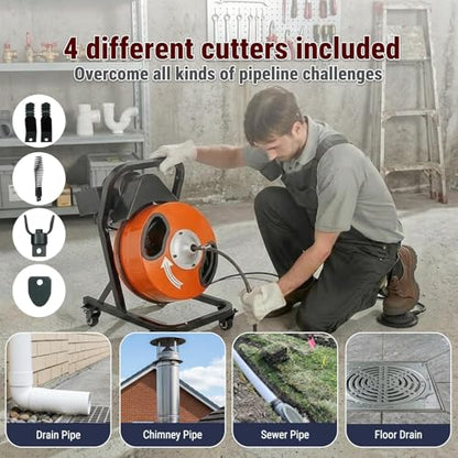 50FT x 1/2 Inch Drain Cleaner Machine, Electric Drain Auger on 4 Wheels for 1"-4" Pipes, Enclosed Metal Drum with 4 Cutters & Pneumatic Foot Switch, Sewer Snake Auger - style: 50FT x 1/2inch