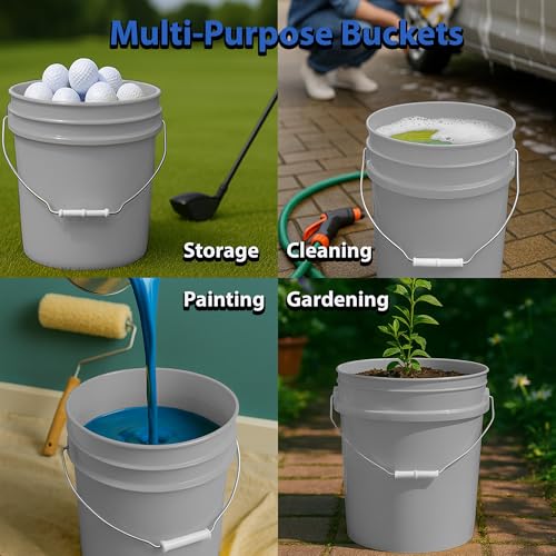 MKS Plastics 5-Gallon Bucket with Airtight Lid – Made in USA, Food Grade BPA Free Plastic, Heavy Duty Multi-Use, Metal Handle with Grip, Stackable Storage – Silver, 6 Pack - color: Silver, size: 6