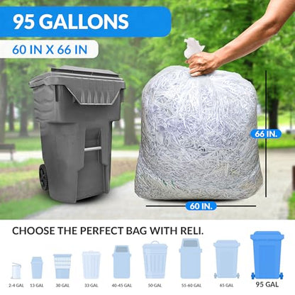 Reli. 95 Gallon Trash Bags (15 Count) | Clear | Twist Ties Included | Extra Tough, Leak-Proof, Heavy Duty Garbage Bags | Ideal for Large Clean Ups