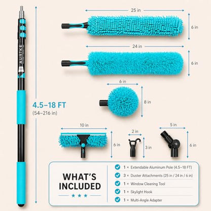 High Ceiling Duster Kit with 4.5-18T Heavy Duty Extension Pole, Reaches Up to 25FT, Includes Microfiber Feather Duster, Cobweb and Ceiling Fan Duster, Window Squeegee Cleaner & Skylight Hook (18FT) - size: 18FT