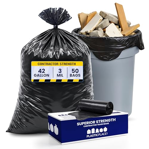 Plasticplace Contractor Trash Bags 42 Gallon, 3.0 Mil, Black Heavy Duty Garbage Bag, 33” x 48” (50 Count)