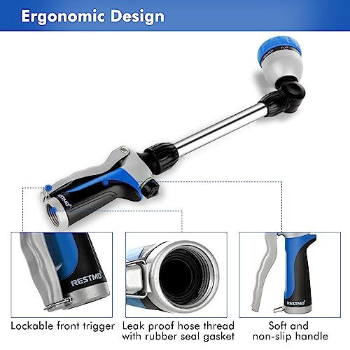 RESTMO Metal Watering Wand, Heavy Duty Garden Hose Wand with 180° Swivel Ratcheting Head, 16'' Hose Nozzle Sprayer with 7 Spray Patterns and Flow Control, for Water Hanging Baskets and Shrubs, Blue - color: Blue