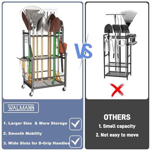 WALMANN Garden Tool Organizer with Wheels for Garage, Rakes/Shovels/Yard Tools Storage Stand for Garden, Shed, Indoor/Outdoor Long-Handled Tools Rolling Cart - style: Medium-stand