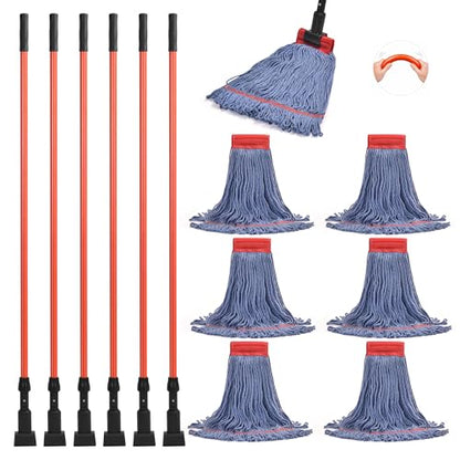 Mop with Strings Industrial Commercial Grade, 60 inch Heavy Duty One-Piece Fiberglass Handle, No Loosening, Built to Last, Reinforced Head Connection, Professional Cotton Mop for Janitorial, Garage