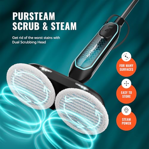 Pursteam ScrubMaster Steam Mop with Dual Scrubbing Head, LED Headlights, Adjustable Steam Control, Anti-Slip Swivel Head, Cable Holder & Upright Lock - size: Steam Mop - ScrubMaster
