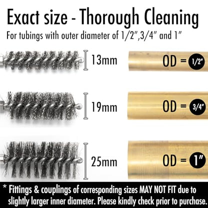 6pcs Extended Copper Tube Pipe Cleaner, 1/2” 3/4” 1” Pipe Cleaning Brush Set, Stainless Steel Wire Bore Brushes for Power Drill, 1/4 Inch Hex Shank - style: 6pcs Extended
