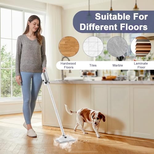 Steam Cleaner, 6 in1 Rotated Steam Mop Cleaner with 2 Modes, 2 Microfiber Pads, 400ML Removable Tank, 23FT Power Cable, Detachable Steam Mops for Floor, Laminate Floor, Tiles Cleaning (Stone White) - color: Stone White