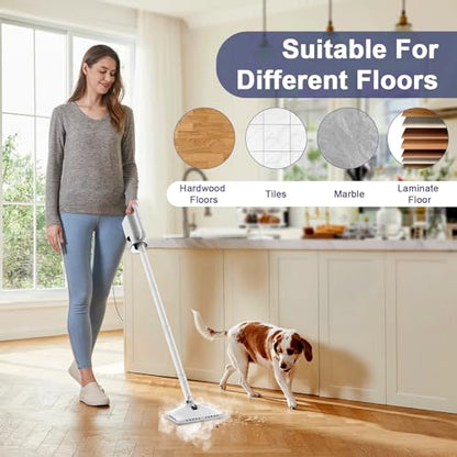 Steam Cleaner, 6 in1 Rotated Steam Mop Cleaner with 2 Modes, 2 Microfiber Pads, 400ML Removable Tank, 23FT Power Cable, Detachable Steam Mops for Floor, Laminate Floor, Tiles Cleaning (Stone White) - color: Stone White