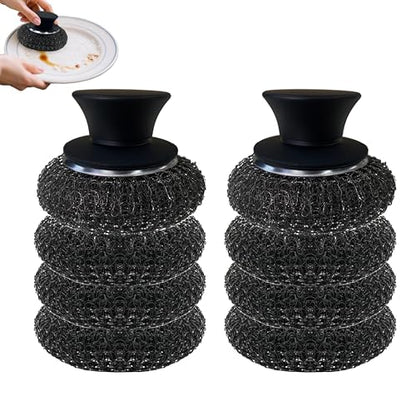 8Pcs Stainless Steel Wool Scrubber with 2 Silicone Handles, Scouring Brush for Cleaning Dishes, Pots, Pans, Grills, and Sinks(Black)