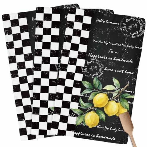 Kitchen Towels Yellow Lemon Dish Cloths Black White Buffalo Check Plaid Dish Towel Cleaning Cloth Ultra Soft Absorbent Quick Drying 3 Pack Hand Towels for Kitchen, Bathroom - color: Black Yellow, size: 3PCS