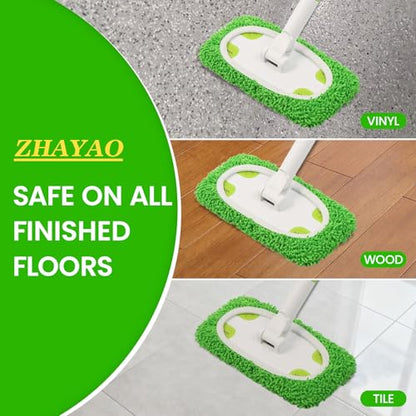 Reusable Microfiber Floor Mop System, Wet & Dry Sweeper Kit, Includes 1 Sweeper Handle, 3 Washable Chenille Mop Pads, Dry & Wet Use for Hardwood, Tile, and Laminate Floor, Green - color: Green