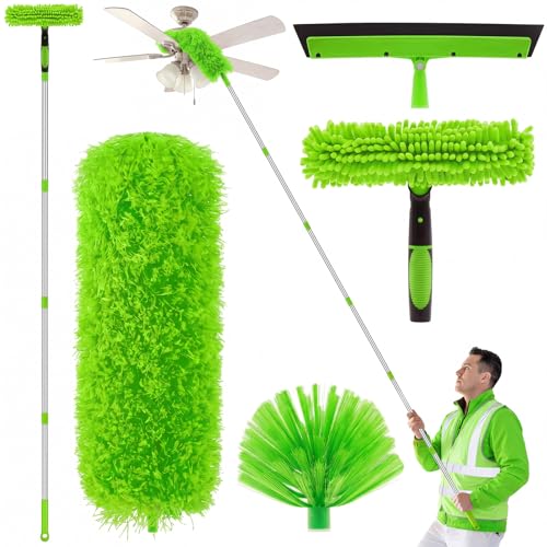 30 Feet High Reach Duster Kit with 2-24 ft Extension Pole High Ceiling Dusting and Window Cleaning Kit with Window Washer & Squeegee, Cobweb Duster, Washable Head for Ceiling Fan(Green) - color: Green, size: 30 ft